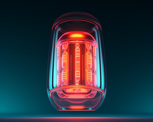 The image shows a glowing red light bulb in a glass container.
