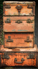Three old wooden suitcases stacked on top of each other
