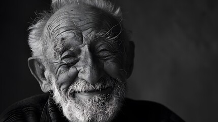 Classic monochrome portrait of an old man smiling.