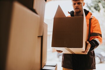 Moving worker unloading boxes from truck