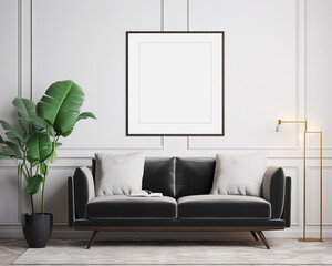 The image shows a minimal living room with a black sofa, a white wall, and a plant