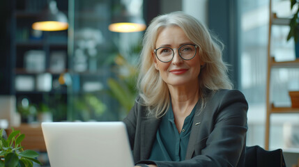 Happy busy mature business woman entrepreneur in office using laptop at work, smiling professional middle aged female company executive manager working looking at computer at workplace. 