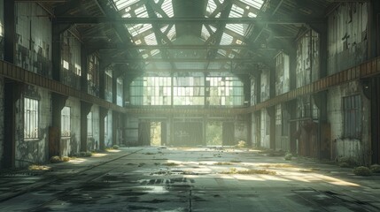 A large, empty, and dilapidated building with a lot of windows. Scene is one of emptiness and decay - obrazy, fototapety, plakaty