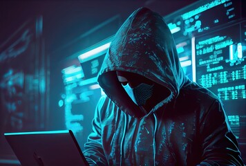 Hacker in the black hood in the server room. Unrecognizable people. Technology and Cybersecurity...