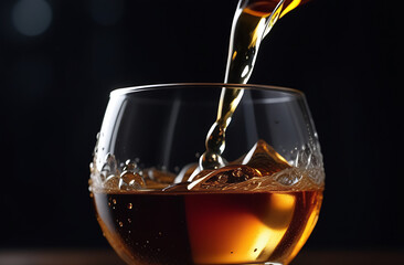 Cognac flows in a trickle into a transparent glass close-up in the bar