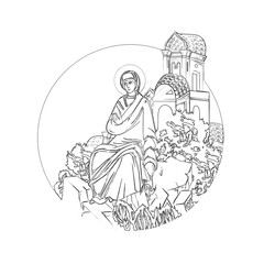 Religious coloring page with Holy Mary in Byzantine style on white background