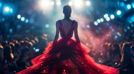 A model in a red dress commands the runway during a fashion event with a vibrant, illuminated backdrop.