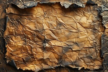 A paper with a burnt edge and a dark brown background. The paper is torn and has a rough texture - obrazy, fototapety, plakaty