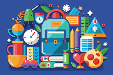 Vibrant Flat Design Illustration of School Supplies and Educational Elements for Learning Concepts