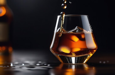 Cognac flows in a trickle into a transparent glass close-up in the bar