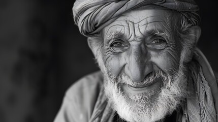 Classic monochrome portrait of an old man smiling.