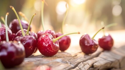 Detailed image of ripe cherries with droplets, emphasizing their freshness and taste.