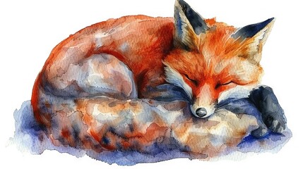 Obraz premium Red Fox Painted - A watercolor depicts a fox curled up, resting with head and paws together