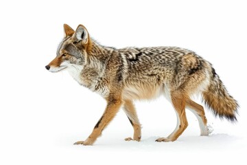 Naklejka na ściany i meble lone coyote hunting in winter snow isolated on white background wildlife photography
