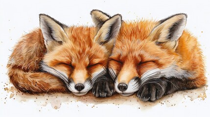 Obraz premium A pair of foxes lying together on a white surface with their heads resting on one another