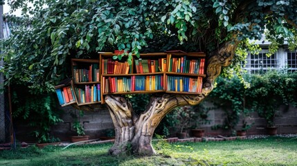 Peaceful reading area outdoors, integrated into a live tree with multiple bookshelves.