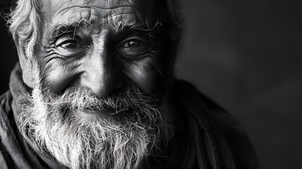 Classic monochrome portrait of an old man smiling.