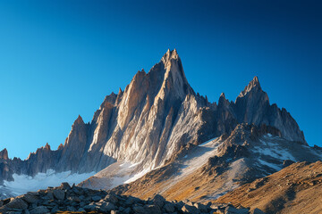 Obraz premium The mountain is very beautiful, with snow on the top and rocks on the side. The sky is blue and clear.