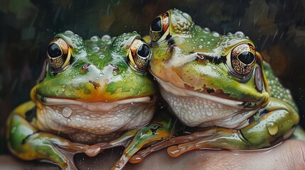   A close-up of two frogs perched on a person's hand, surrounded by raindrops falling from the sky above