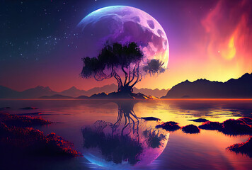Bright full moon behind the silhouette tree on the fairyland background. Fantasy and art concept....