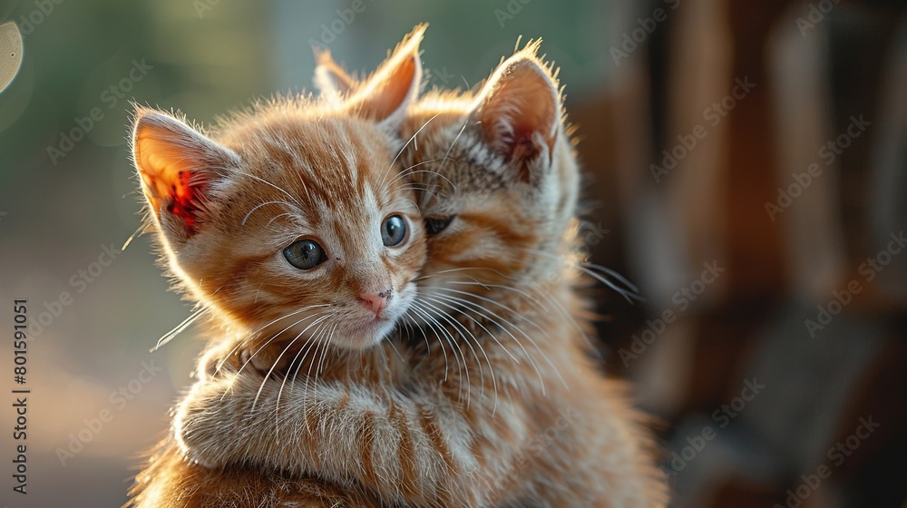 Poster a close-up shot of a kitten perched atop a chair with its head resting atop another kitten