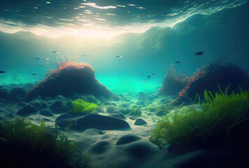 Deep sea and aquatic life with sunshine background. Digital art illustration. Marine life and...