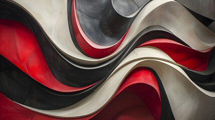A high-definition photograph of a modern abstract sculpture, featuring sweeping curves and stark contrasts in red, black, and white, evoking a sense of drama and intensity