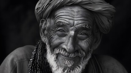 Classic monochrome portrait of an old man smiling.