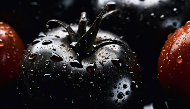 Close up of clean Black tomato with water drop in dark black background. Fresh fruit and Vegetable concept. Nutrition and vitamin theme. Generative AI