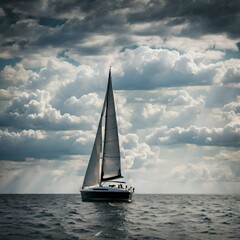 A summer landscape with a yacht sailing on the sea and some clouds.