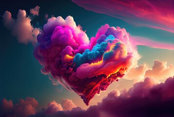 Colorful cloud in heart shape on the dawn sky background. Nature and Abstract concept. Generative AI