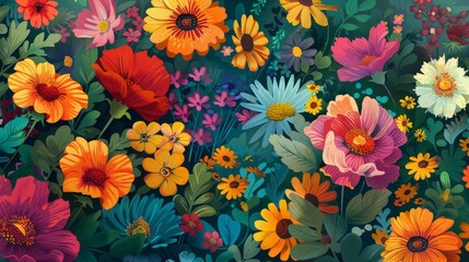 Obraz premium A vibrant bouquet of illustrated spring flowers in full bloom