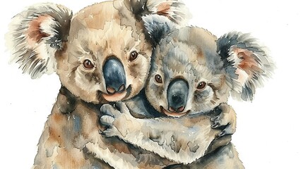 Fototapeta premium An watercolor depiction of two embracing koalas with their heads resting on each other's shoulders
