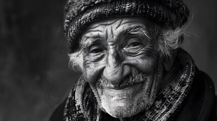 Classic monochrome portrait of an old man smiling.