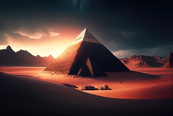 Pyramid in the sand dune desert and sky background. Travel destination and architecture concept. Digital art illustration. Generative AI