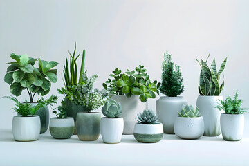Fototapeta premium Ceramic vases with succulent plants of different varieties on a white background