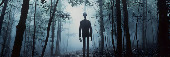 Imposing Spectacle of Slender Man Looming Amidst the Gloaming Mist-shrouded Woods - A Surreal Encounter with the Folklore Entity - obrazy, fototapety, plakaty
