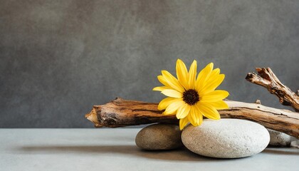 empty stone podium piece of driftwood and yellow flower on grey background minimal eco backdrop...