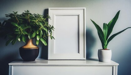 empty white picture frame mockup on a gray wall dresser and green plant front view background interior design concept ai generative