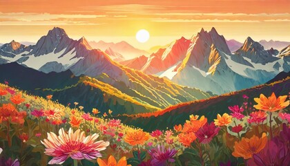 abstract serene illustration featuring layered mountains with a warm sun and blooming flowers in a calming color palette invoking a sense of peace and nature s beauty
