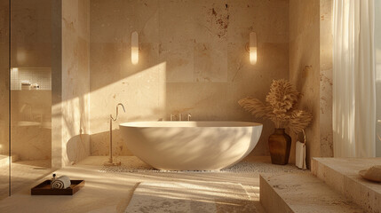 Discover the serenity of a spa-inspired bathroom, where natural stone tiles, a freestanding tub, and soft lighting create a tranquil oasis for relaxation and rejuvenation.