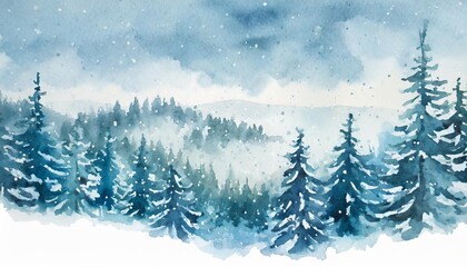 watercolor blue winter landscape of foggy forest hill wild nature frozen misty taiga horizontal...