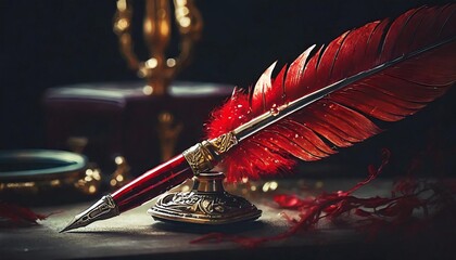 vintage ink pen with red feather