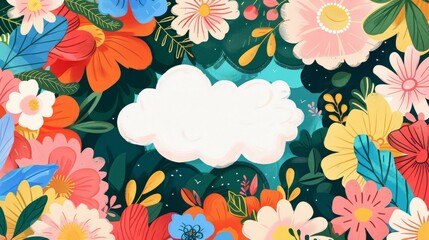 Obraz premium A vibrant illustration of colorful flowers framing an empty cloud shaped space