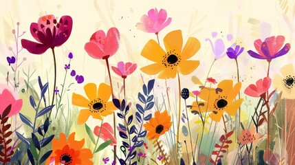 A vibrant landscape of whimsical colorful flowers in bloom