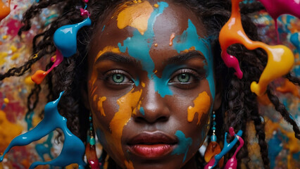 "AI-Generated Portrait: Penetrating Stare of a Beautiful Young Woman Surrounded by Vibrant Splashes of Color"