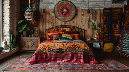 Embrace the eclectic charm of a bohemian-styled bedroom, where vibrant textiles, intricate...