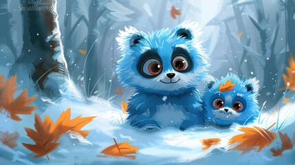   A snowy forest with a blue  bear and a smaller  bear amidst leaves on the ground