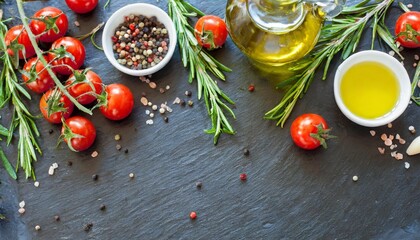 food background top view of olive oil cherry tomato herbs and spices on rustic black slate colorful food ingredients border