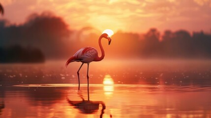 Obraz premium photograph of a pink flamingo in the distance, long leg, on a lake, slender, sunset